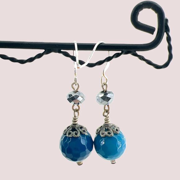 Blue Faceted Agate Drop Earrings with Silver Crystal on Silver Tone Wires - Picture 2 of 4